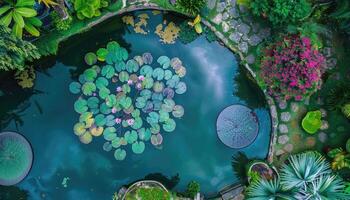 Aerial View of a Pond with Water Lilies and Lush Greenery photo