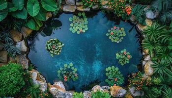 Overhead View of a Pond with Water Lilies and Surrounding Foliage photo