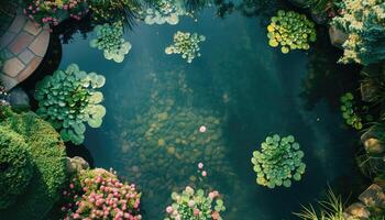 Overhead View of a Pond with Lily Pads and Pebbles photo