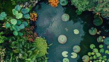 Aerial View of a Pond with Lush Green Plants and Lily Pads photo