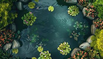 Aerial View of a Pond with Lush Greenery and Water Lilies photo
