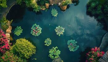 Aerial View of a Pond with Water Lilies, Fish, and Surrounding Greenery photo