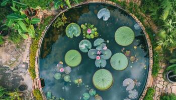Aerial View of a Pond with Giant Water Lily Pads and Pink Flowers photo