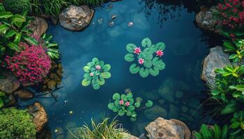 Water Lily Flowers in a Tranquil Pond Surrounded by Lush Greenery and Rocks photo