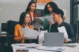 Stress, business people and employee frustrated with multitasking, pressure or overworked by team in chaos with paperwork. Anxiety, headache and worker overwhelmed by group and burnout in crisis photo