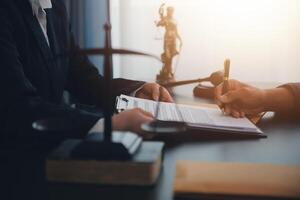 Law theme, gavel or mallet of the judge, lawyer enforcement officers, evidence-based cases taken into account in the court abount business, legislation. photo