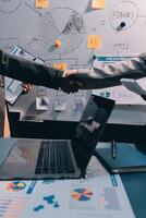 Business handshake for teamwork of business merger and acquisition,successful negotiate,hand shake,two businessman shake hand with partner to celebration partnership and business deal concept photo