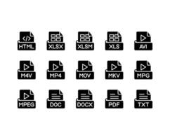 Set of file format or extensions with solid or glyph style vector