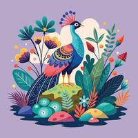 A whimsical peacock in a magical forest, with its feathers glowing softly in shades of teal, lavender, and silver. vector