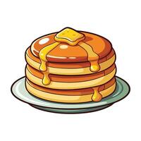 A stack of fluffy pancakes drenched in maple syrup, served on a white plate, cartoon style, vibrant colors, detailed illustration, 8k resolution, trending on artstation. vector