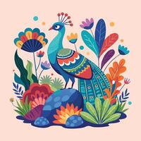 a scene featuring a peacock standing on a rock surrounded by stylized plants and flowers. vector