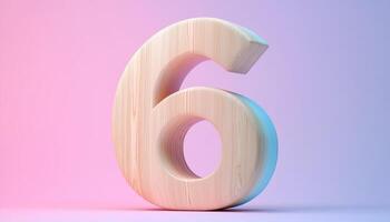 Shape number 6 made from pieces wooden textured in pastel background photo