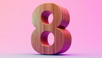 Shape number 8 made from pieces wooden textured in pink pastel background photo