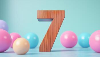 Shape number 7 made from pieces wooden textured in pastel background photo