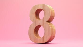 Shape number 8 made from pieces wooden textured in pink pastel background photo