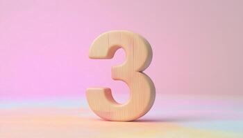 Shape number 3 made from pieces wooden textured in pastel background photo