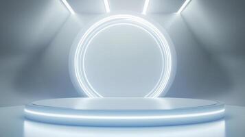 Circle white neon light technology podium stage presentation in room modern technology photo