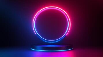 Circle pink neon light technology podium stage presentation in room modern technology photo