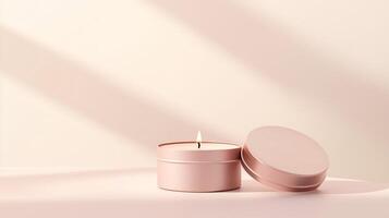 Tin candle minimalist mockup cylindrical container pink matte and shadow light wall photo