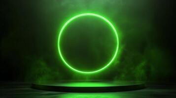 Circle green neon light technology podium stage presentation in room modern technology photo