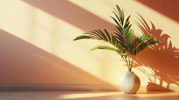 Peach wall cement blank with sun bright shadow from window and pot tree photo