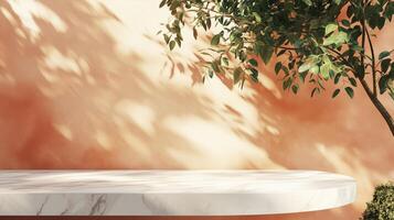 Table top white marble counter copy space cement wall with shadow sunlight from flower vas photo