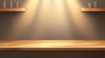 Luxury brown wooden countertop spotlight display branding product promotion presentation photo