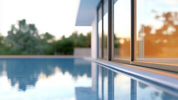 Glass window greenery mountain view corner brown metal frame with swimming pool in outdoor photo
