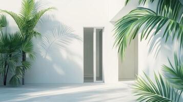 Modern minimalist east style window building with white tone wall and greenery palm plant decoration photo