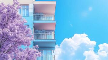 Building exterior simple minimalist building with purple flower tree decoration and blue sky photo