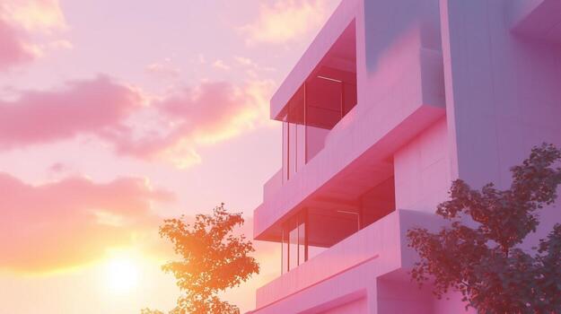 sencillo mínimo estilo moderno rosado edificio verde árbol tono y azul cielo, fondo ver foto