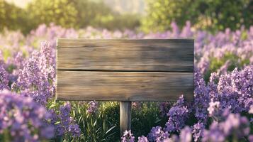 Blank wooden trunk board for label information important in lilac flower botanical garden farming photo