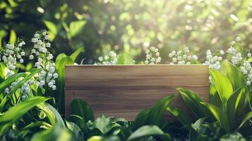 Blank wooden trunk board for label information important in lily of the valley flower botanical garden photo