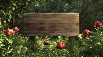 Blank wooden trunk board for label information important in peony flower botanical garden photo