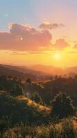 Beauty sunset in hill with grass farm with sun light orange horizon sky story background photo