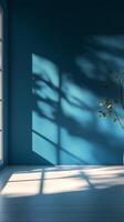 Blue wall with shadow sun light from window empty room minimalist story background photo