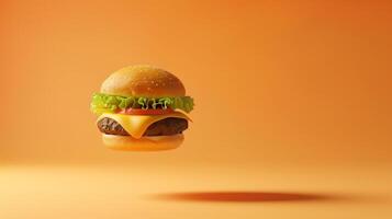 Burger flying with lettuce, cheese, beef, bun bread and chili on yellow background photo