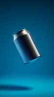 Silver plain soda can fly in water with bubble, liquid cylinder container branding promotion drink photo