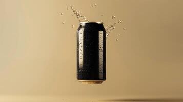 Black plain soda can fly in water with bubble, liquid cylinder container drink photo