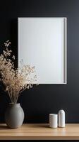 White blank frame mockup and black wall and wooden floor story portrait background photo