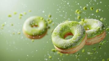 Sweet sprinkle of powdered green tea topping donut fries snack food flying for tea time photo
