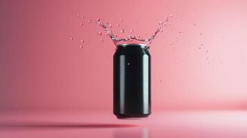Black plain soda can fly in water with bubble, liquid cylinder container drink photo