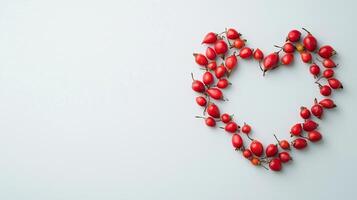 Rosehip fruit arranged in the shape of a heart copy space blank background photo