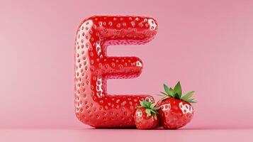 The letter E is framed by a red strawberry textured fruit for kids on solid background photo