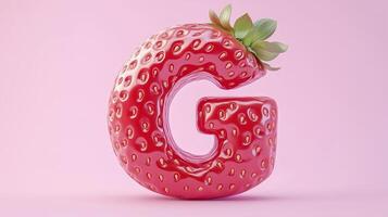 The letter G is framed by a red strawberry textured fruit for kids on solid background photo