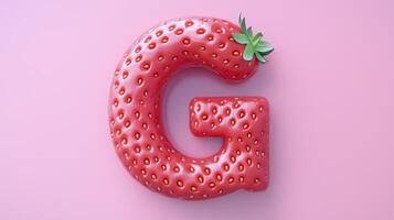 The letter G is framed by a red strawberry textured fruit for kids on solid background photo