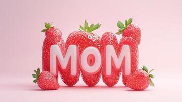 The letter MOM is framed by a red strawberry textured fruit for kids on solid background photo