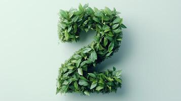 The number 2 is framed by a series of green leaves solid background photo