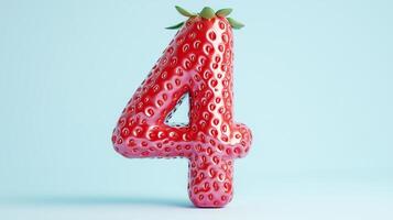 The number 4 is framed by a red strawberry textured fruit for kids on solid background photo