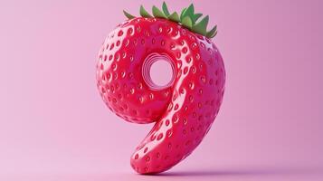 The number 9 is framed by a red strawberry textured fruit for kids on solid background photo